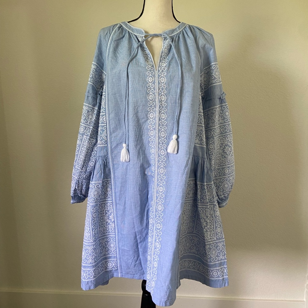 Rose and Rose Embroidered 100% cotton dress blue/white size medium
